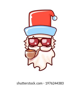 Santa Claus head with Santa red hat, smoking pipe and red hipster sunglasses isolated on white Christmas background. Funky Secret Santa label or sticker design template