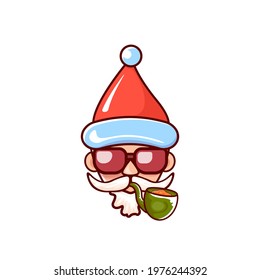Santa Claus head with Santa red hat, smoking pipe and red hipster sunglasses isolated on white Christmas background. Funky Secret Santa label or sticker design template