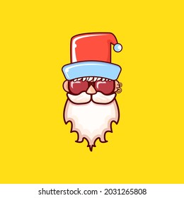 Santa Claus head with Santa red hat and hipster sunglasses isolated on yellow background. Santa Claus label or sticker design. Christmas greeting card template