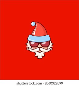 Santa Claus se cabeza con sombrero rojo de Papá Noel y gafas de sol hipster aisladas en un fondo de navidad roja. Etiqueta o diseño de pegatinas de Santa Claus. plantilla de tarjeta de felicitación de Navidad