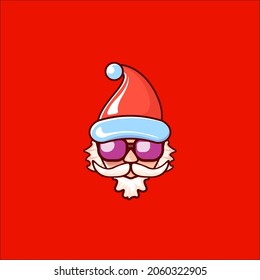 Santa Claus head with Santa red hat and hipster sunglasses isolated on red christmas background. Santa Claus label or sticker design. Christmas greeting card template