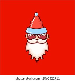 Santa Claus head with Santa red hat and hipster sunglasses isolated on red christmas background. Santa Claus label or sticker design. Christmas greeting card template
