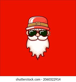 Der Weihnachtsmann mit Weihnachtsmütze und Hippistensonne einzeln auf rotem Weihnachtshintergrund. Etikett oder Aufkleber des Weihnachtsmanns. Weihnachtsgrußkartenvorlage