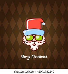 Santa Claus head with Santa red hat and hipster sunglasses isolated on brown plaid Christmas background. Santa Claus label or sticker design. Christmas greeting card template