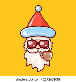 Santa Claus head with Santa red hat, smoking pipe and red hipster sunglasses isolated on orange Christmas background. Funky Secret Santa label and sticker design banner template