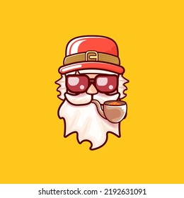 Santa Claus se cabeza con sombrero rojo de Papá Noel, pipa fumando y gafas de sol hipster rojo aisladas en el fondo naranja de Navidad. Funky Secreto Santa etiqueta y plantilla de banner de diseño de pegatinas