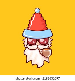 Santa Claus head with Santa red hat, smoking pipe and red hipster sunglasses isolated on orange Christmas background. Funky Secret Santa label and sticker design banner template