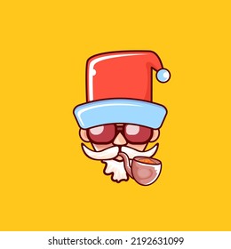 Santa Claus se cabeza con sombrero rojo de Papá Noel, pipa fumando y gafas de sol hipster rojo aisladas en el fondo naranja de Navidad. Funky Secreto Santa etiqueta y plantilla de banner de diseño de pegatinas