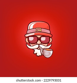 Santa Claus head with Santa red hat, smoking pipe and red hipster sunglasses isolated on red Christmas background. Santa label or sticker design template