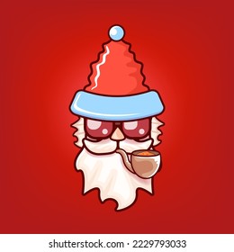 Santa Claus se cabeza con sombrero rojo de Papá Noel, pipa fumando y gafas de sol hipster rojo aisladas en el fondo rojo de Navidad. Plantilla de diseño de etiqueta o pegatina Santa