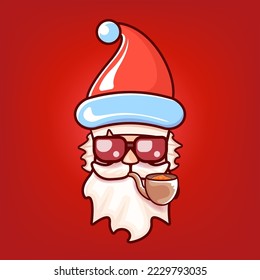 Santa Claus head with Santa red hat, smoking pipe and red hipster sunglasses isolated on red Christmas background. Santa label or sticker design template