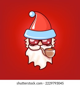 Santa Claus head with Santa red hat, smoking pipe and red hipster sunglasses isolated on red Christmas background. Santa label or sticker design template