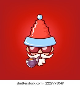 Santa Claus head with Santa red hat, smoking pipe and red hipster sunglasses isolated on red Christmas background. Santa label or sticker design template