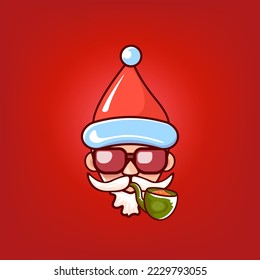 Santa Claus se cabeza con sombrero rojo de Papá Noel, pipa fumando y gafas de sol hipster rojo aisladas en el fondo rojo de Navidad. Plantilla de diseño de etiqueta o pegatina Santa