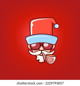 Santa Claus se cabeza con sombrero rojo de Papá Noel, pipa fumando y gafas de sol hipster rojo aisladas en el fondo rojo de Navidad. Plantilla de diseño de etiqueta o pegatina Santa
