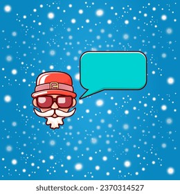 Santa Claus head with Santa red hat and hipster sunglasses and speech bubble isolated on blue snowy background. Santa Claus label or sticker design. Christmas greeting card template