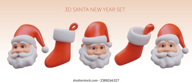 Santa Claus head in red hat, Christmas stocking for gifts. Vector objects in different positions. Isolated color illustration for winter web design. Positive character