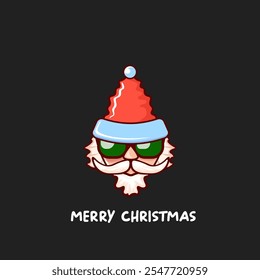 Santa Claus head with Santa red hat and hipster sunglasses isolated on grey Christmas background. Santa Claus label or sticker design. Merry Christmas greeting card template