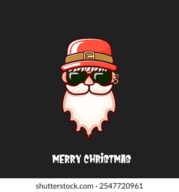 Cabeça de Papai Noel com chapéu vermelho Santa e óculos de sol hipster isolados no fundo cinza de Natal. Design de etiqueta ou adesivo do Papai Noel. Feliz Natal cartão modelo