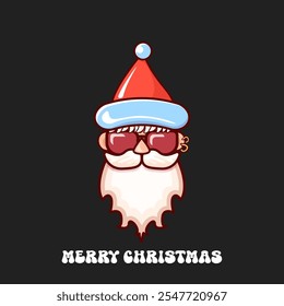 Santa Claus head with Santa red hat and hipster sunglasses isolated on grey Christmas background. Santa Claus label or sticker design. Merry Christmas greeting card template