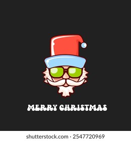 Santa Claus head with Santa red hat and hipster sunglasses isolated on grey Christmas background. Santa Claus label or sticker design. Merry Christmas greeting card template
