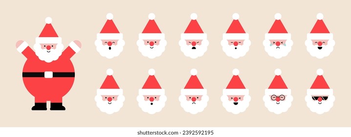 Santa Claus head set. Christmas cute character icon collection. Happy and sad face. Different emotion, holiday winter background. Xmas minimal design. Trendy style isolated vector flat illustration.