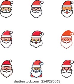 Conjunto de cabeza de Santa Claus. Navidades linda colección de iconos de personajes. Cara feliz y triste. Emoción diferente, fondo de invierno de vacaciones. Diseño minimalista de Navidad. Ilustración plana de Vector aislado de estilo de moda.