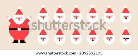 Santa Claus head set. Christmas cute character icon collection. Happy and sad face. Different emotion, holiday winter background. Xmas minimal design. Trendy style isolated vector flat illustration.