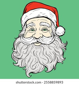 Santa Claus head, simple black line sticker, vector, isolated, icon, face front view Colored and outline, Christmas, Saint Nicolas head face portrait, holiday promotions, gift wrapping, holiday cards