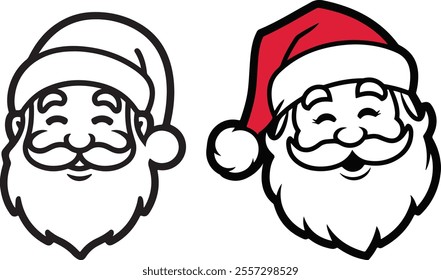 Santa Claus head, smile Ho-ho-ho. Front view Colored and outline. Father Christmas, Saint Nicolas head face portrait stencil colorless black and white outline. Santa Claus head icon