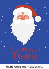 Santa Claus head with snowflakes on green background, Merry Christmas text Happy, X'mas new year greeting gift template.
 Vector design illustration