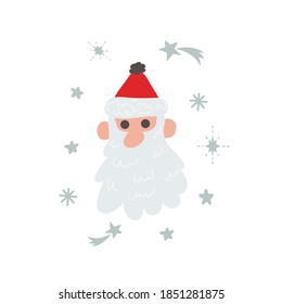 Cabeza y copos de nieve de Santa Claus, ilustración vectorial, diseño navideño de estilo chill plano. Elementos aislados sobre fondo blanco. Tarjeta de saludo de vacaciones