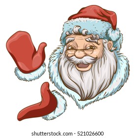 Santa Claus Head and two hands in red mittens. Isolated on white vector cartoon illustration