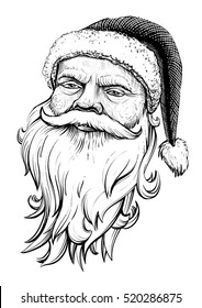 Santa Claus Head. Vector Illustration Portrait. Line Art, Engraving Texture.