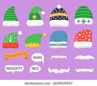 Santa claus headband with antlers photobooth prop holiday design vector scrapbook illustration merry clipart party hats xmas character photo booth mask mustache set isolated

