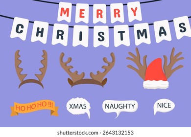 Santa claus headband with antlers photobooth prop holiday design vector scrapbook illustration merry clipart party hats xmas character photo booth mask mustache set isolated

