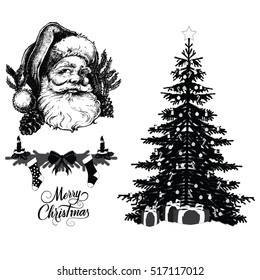 Santa Claus head..Christmas tree illustration