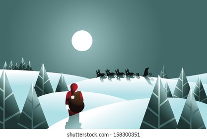 Santa Claus heads for the sleigh with his bag of gifts. EPS 10 vector, grouped for easy editing. No open shapes or paths.