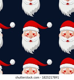 Santa Claus with heart in eyes. Christmas Seamless Pattern with Christmas elements. Vector Illustration on dark blue background