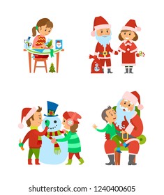 Santa Claus and helper, children on winter holidays vector. Christmas characters with presents in sack, girl making handicraft gifts. Boy telling wish