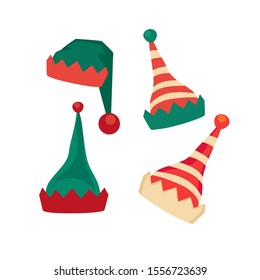 Santa Claus helper elf hat icon flat vector set isolated. Christmas elves hat sign. Traditional head wear Christmas event celebration party background. Fun holiday elf costume cap cartoon illustration