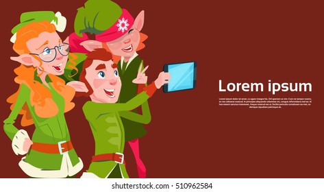 Santa Claus Helper Green Elf Group Making Selfie Photo, New Year Christmas Holiday Greeting Card Flat Vector Illustration