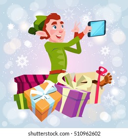 Santa Claus Helper Green Elf Making Selfie Photo, New Year Christmas Holiday Greeting Card Flat Vector Illustration