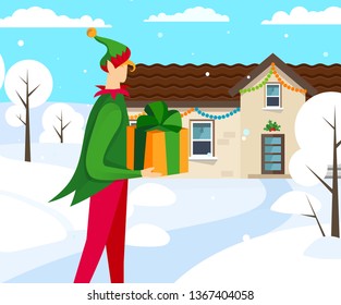 Santa Claus Helper Little Elf Character in Festive Costume Bringing Beautiful Present to House Standing on Snowy Winter Landscape Background. Christmas Eve, New Year. Cartoon Flat Vector Illustration.