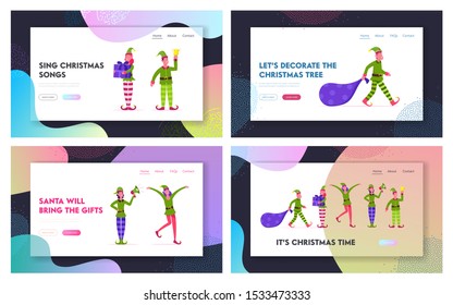 Santa Claus Helpers Bring Gifts and Announce Winter Holidays Website Landing Page Set. Cute Magic Male and Female Characters in Green Costumes Greeting Web Page Banner. Flat Vector Illustration