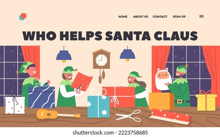 Santa Claus Helpers Landing Page Template. Funny Elves Working In Office Room Prepare Gifts to Kids for Merry Christmas And Happy New Year Winter Holidays Celebration. Cartoon Vector Illustration