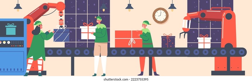 Santa Claus Helpers Teamwork on Conveyor Belt System. Christmas Factory with Elf Team Making Gifts Present On Machinery Industrial Line. New Year and Merry Xmas Concept. Cartoon Vector Illustration