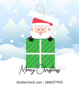 Papá Noel se esconde en una gran caja de regalo con paisaje de invierno.
