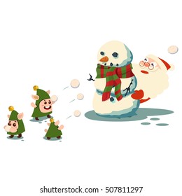 Santa Claus is hiding behind a snowman and cute elves throw snowballs. Vector illustration.