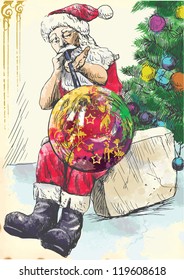 Santa Claus himself made gifts - As a glassblower blows Christmas ornaments on tree. Description: Editable in ten layers. Number of colors in each layer: no more than sixteen.